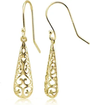 Hoops & Loops 925 Sterling Silver Tear Drop Pear-Shape Filigree 25mm Drop Dangle Earrings for Women Teen Girls, Silver, Yellow Gold, Rose Gold