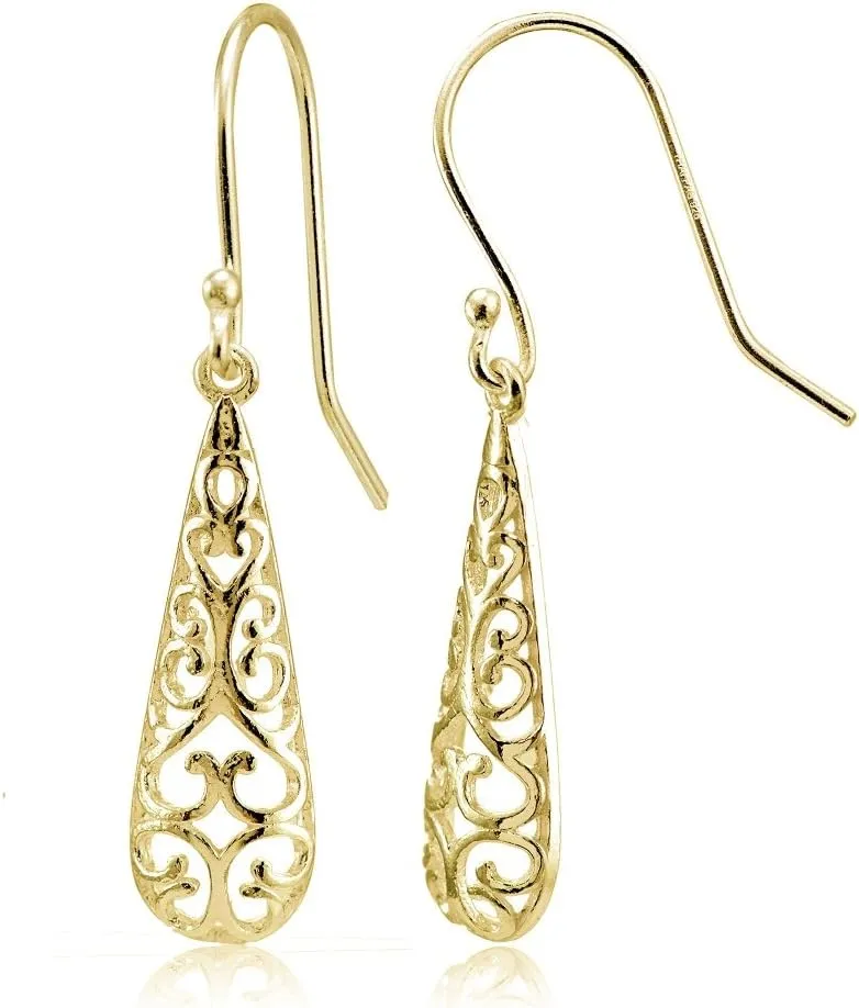 Hoops & Loops 925 Sterling Silver Tear Drop Pear-Shape Filigree 25mm Drop Dangle Earrings for Women Teen Girls, Silver, Yellow Gold, Rose Gold