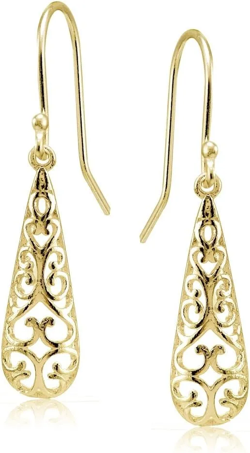Hoops & Loops 925 Sterling Silver Tear Drop Pear-Shape Filigree 25mm Drop Dangle Earrings for Women Teen Girls, Silver, Yellow Gold, Rose Gold