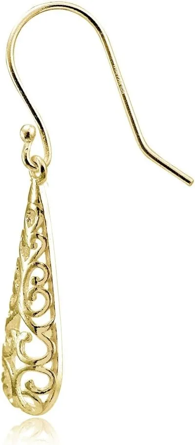 Hoops & Loops 925 Sterling Silver Tear Drop Pear-Shape Filigree 25mm Drop Dangle Earrings for Women Teen Girls, Silver, Yellow Gold, Rose Gold