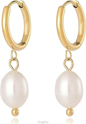 Huggie Small Hoop Pearl Earrings, Natural Fresh-water Pearl Earrings 18k Gold Plated Crystal Drop Dangle Earrings for Women