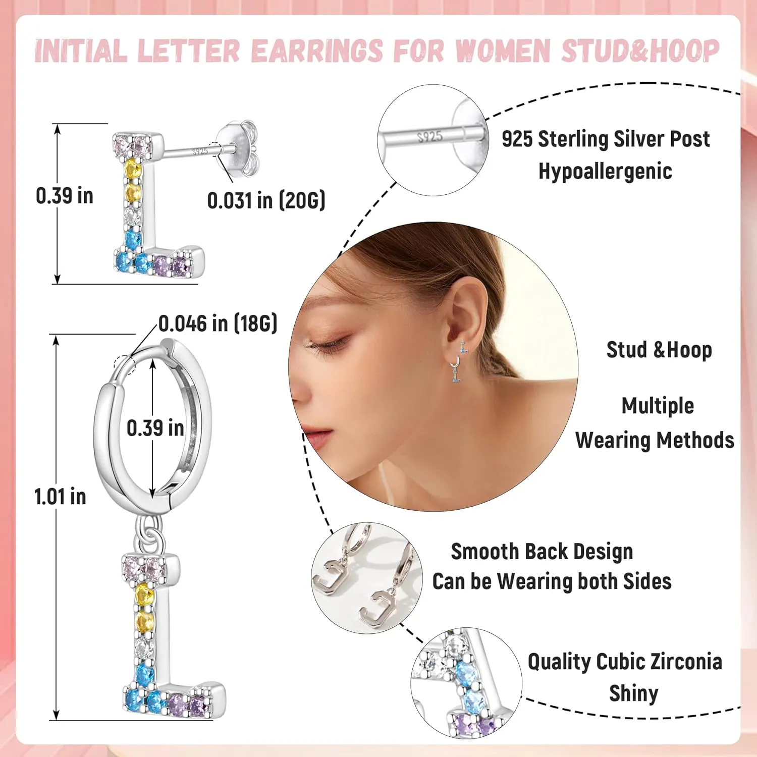 Hypoallergenic Earrings for Women Girls Sterling Silver 925-Littel Cute Kids Stud Hoop Initial Letter Dangle Earring Jewelry Present