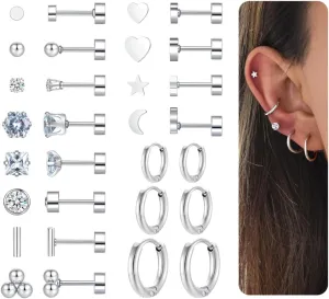 Hypoallergenic Flat Back Earrings for Women Men Stainless Steel Stud Hoop Earrings for Multiple Piercing Small Surgical Steel Cartilage Set for Sensitive Ears