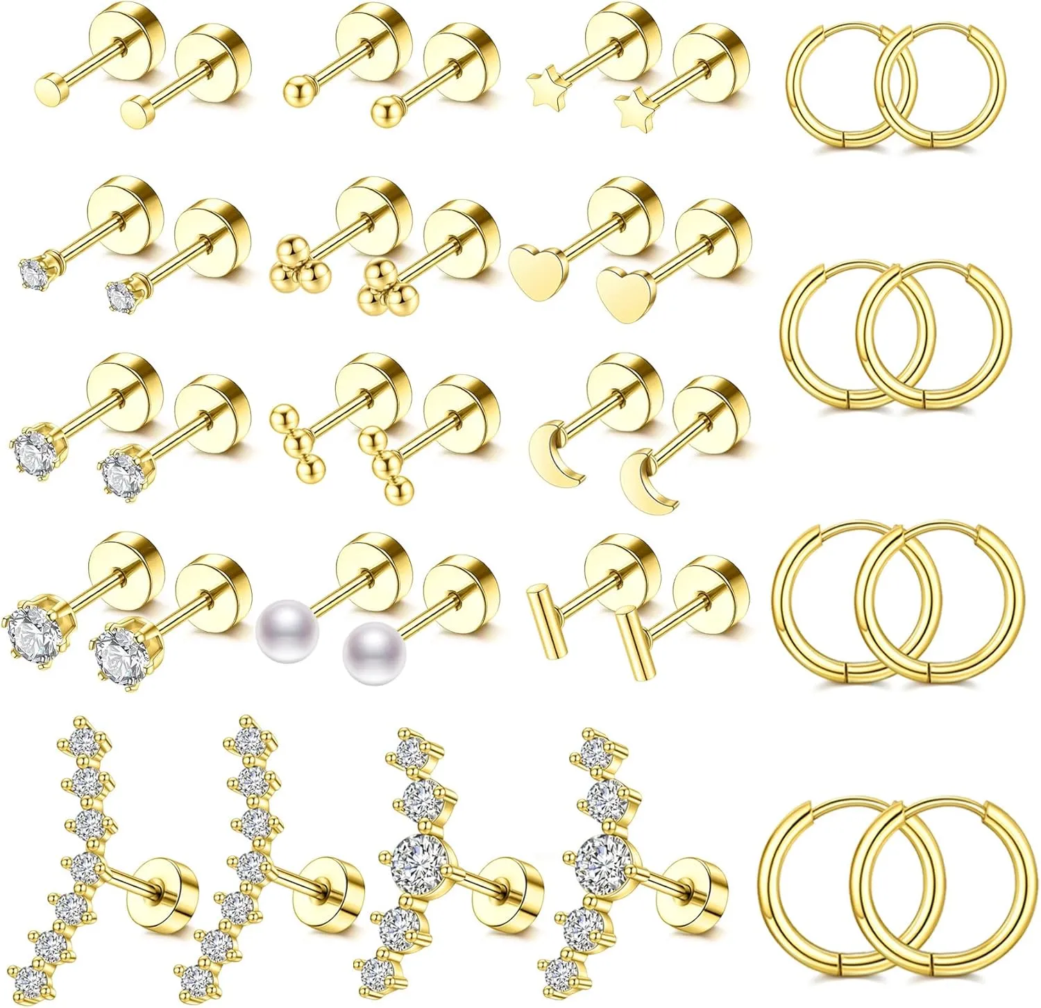 Hypoallergenic Flat Back Stud Earrings for Women Men 14K Gold Surgical Stainless Steel Earrings Small Flatback Stud Hoop Screw Back Cartilage Earring Sets for Multiple Piercing