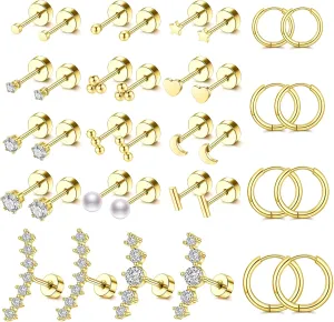 Hypoallergenic Flat Back Stud Earrings for Women Men 14K Gold Surgical Stainless Steel Earrings Small Flatback Stud Hoop Screw Back Cartilage Earring Sets for Multiple Piercing