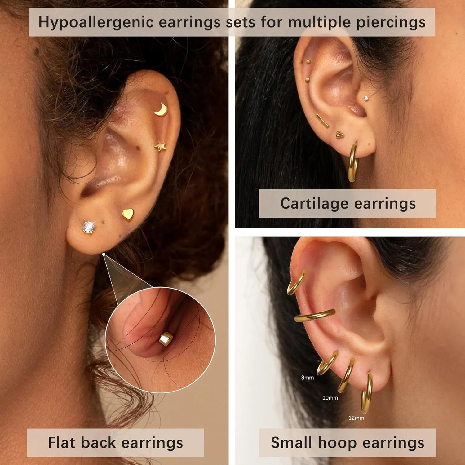 Hypoallergenic Surgical Steel Earrings for Women Men 14K Gold Plated Star Moon Pearl Ball CZ Flat Back Cartilage Helix Earring Sets