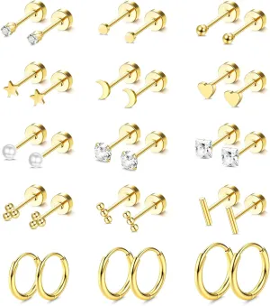 Hypoallergenic Surgical Steel Earrings for Women Men 14K Gold Plated Star Moon Pearl Ball CZ Flat Back Cartilage Helix Earring Sets