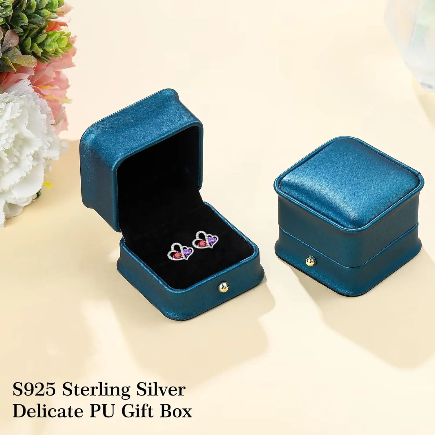 Iefil Birthstone Earrings Gift for Women - 925 Sterling Silver Double Heart Birthstone Earrings | Anniversary Birthday Gifts for Women | Personalized Jewelry Gift for Wife Mom