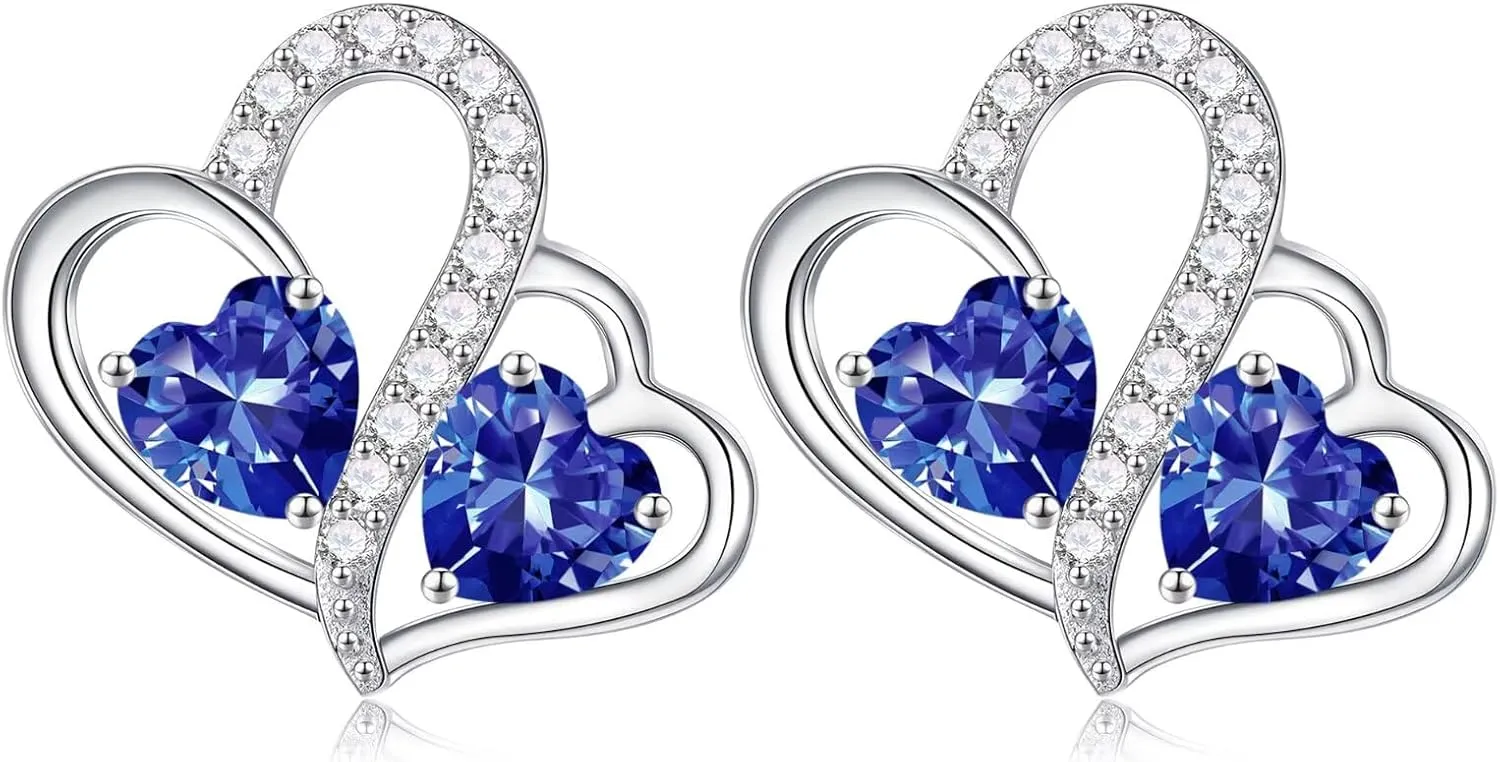 Iefil Birthstone Earrings Gift for Women - 925 Sterling Silver Double Heart Birthstone Earrings | Anniversary Birthday Gifts for Women | Personalized Jewelry Gift for Wife Mom
