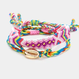 iLLASPARKZ 3PCS - Metal Puka Shell Pointed Thread Braided Aztec Pattern Adjustable Cinch Pull Tie Multi Layered Bracelets