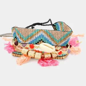 iLLASPARKZ 5PCS - Puka Shell Pointed Aztec Pattern Cinch Pull Tie Tassel Pointed Stretch Multi Layered Bracelets