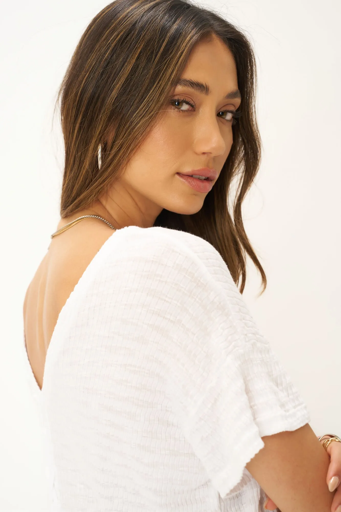 Isadora Back Lace Up Stripe Easy Fit Tee - White