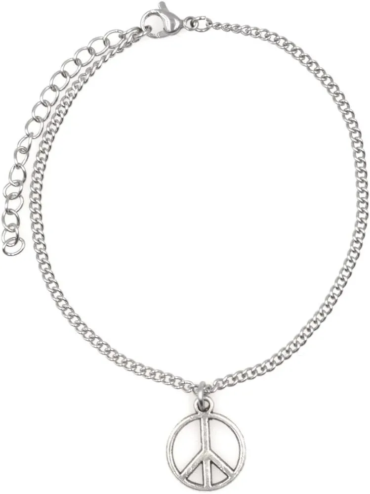 It's All About...You! 7.5 - 9.5 Stainless Steel Ankle Bracelet with Alloy Peace Sign 51I