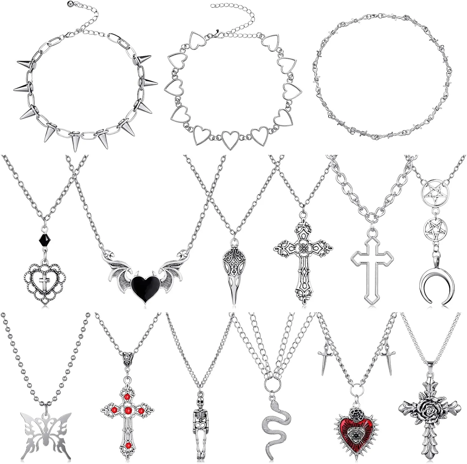 Janmercy 15 Pcs Gothic Grunge Necklace Set Goth Punk Rock Vintage Y2k Harajuku Silver Chain Choker Necklace Jewelry Costume Accessories for Women