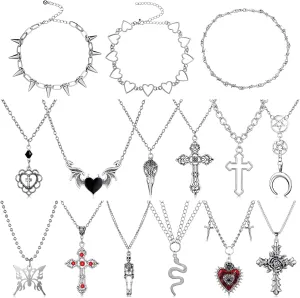 Janmercy 15 Pcs Gothic Grunge Necklace Set Goth Punk Rock Vintage Y2k Harajuku Silver Chain Choker Necklace Jewelry Costume Accessories for Women