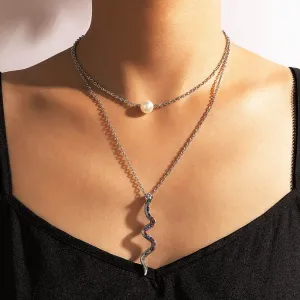 Jeairts Punk Snake Layered Necklace Silver Pearl Choker Necklaces Gillter Rhinestone Pendant Neck Jewelry Gifts for Women and Girls