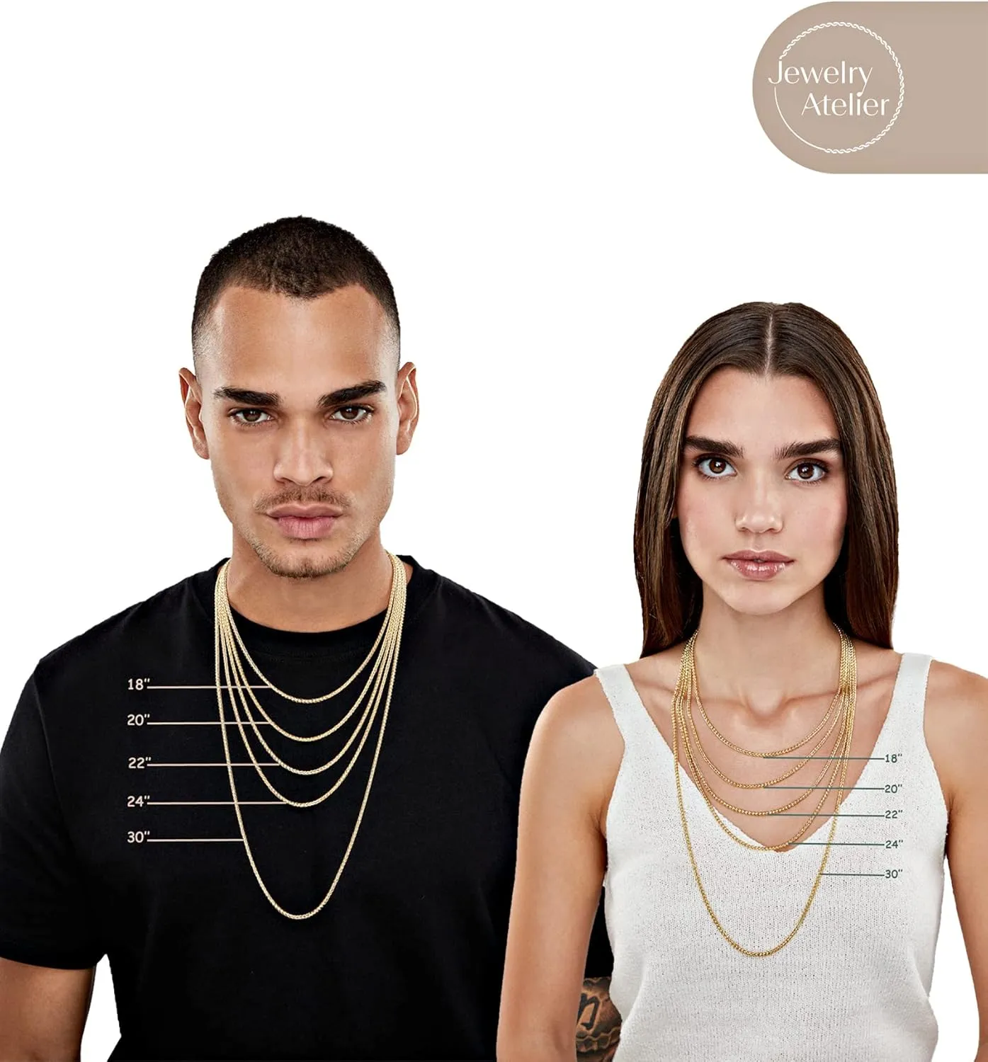 Jewelry Atelier Gold Chain Necklace Collection - 14K Solid Yellow Gold Filled Round Wheat/Palm Chain Necklaces for Women and Men with Different Sizes (2.5mm, or 3.2mm)