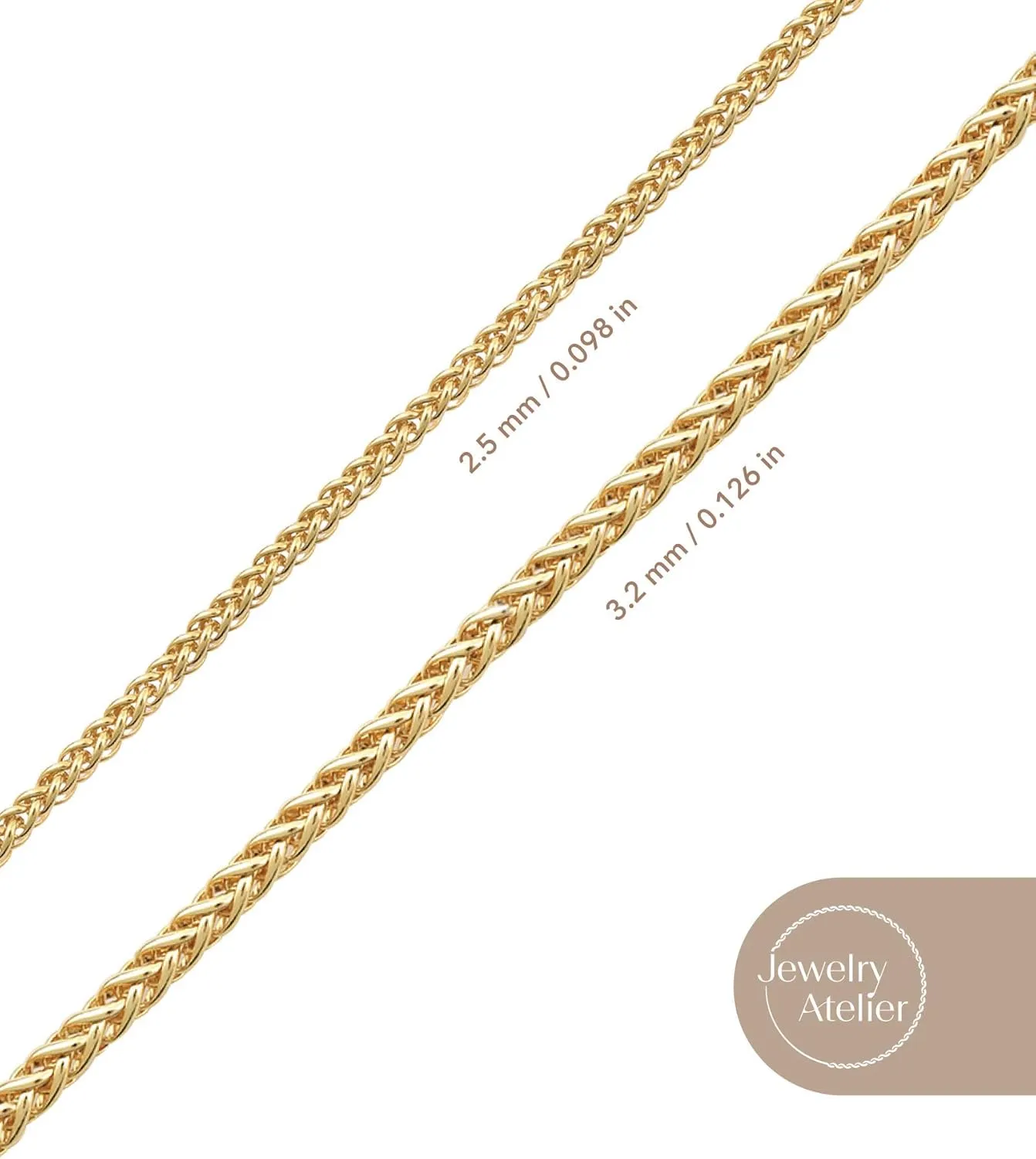 Jewelry Atelier Gold Chain Necklace Collection - 14K Solid Yellow Gold Filled Round Wheat/Palm Chain Necklaces for Women and Men with Different Sizes (2.5mm, or 3.2mm)