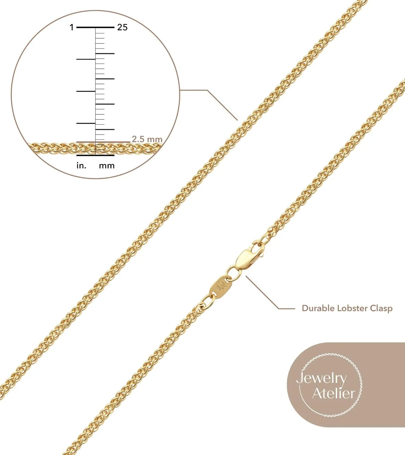 Jewelry Atelier Gold Chain Necklace Collection - 14K Solid Yellow Gold Filled Round Wheat/Palm Chain Necklaces for Women and Men with Different Sizes (2.5mm, or 3.2mm)