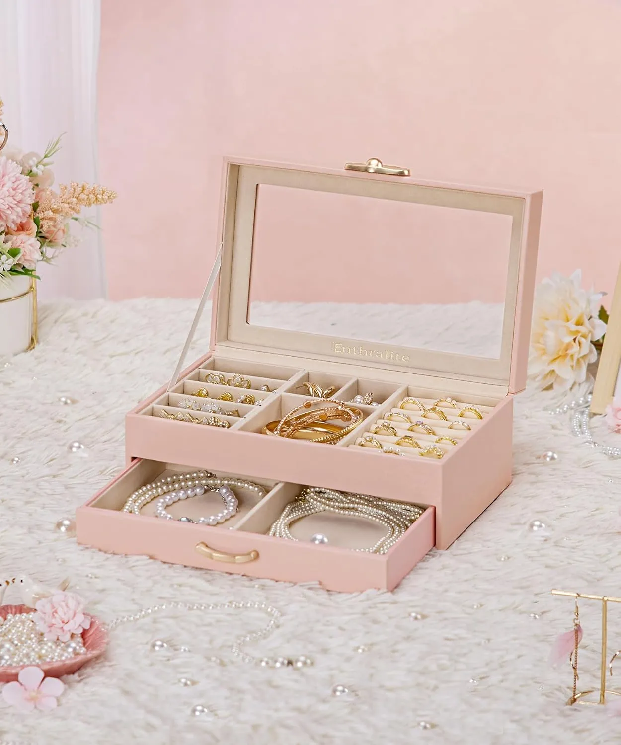 Jewelry Box with 1 Drawers: Display Organizer for Earrings Necklaces - Gift for Girls Women (Peach Pink)