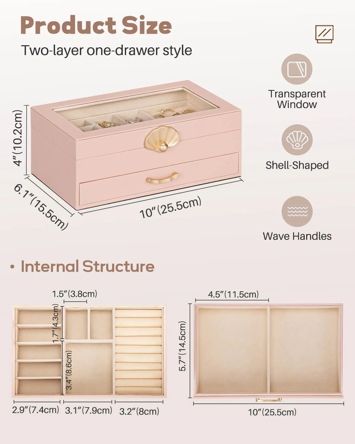 Jewelry Box with 1 Drawers: Display Organizer for Earrings Necklaces - Gift for Girls Women (Peach Pink)