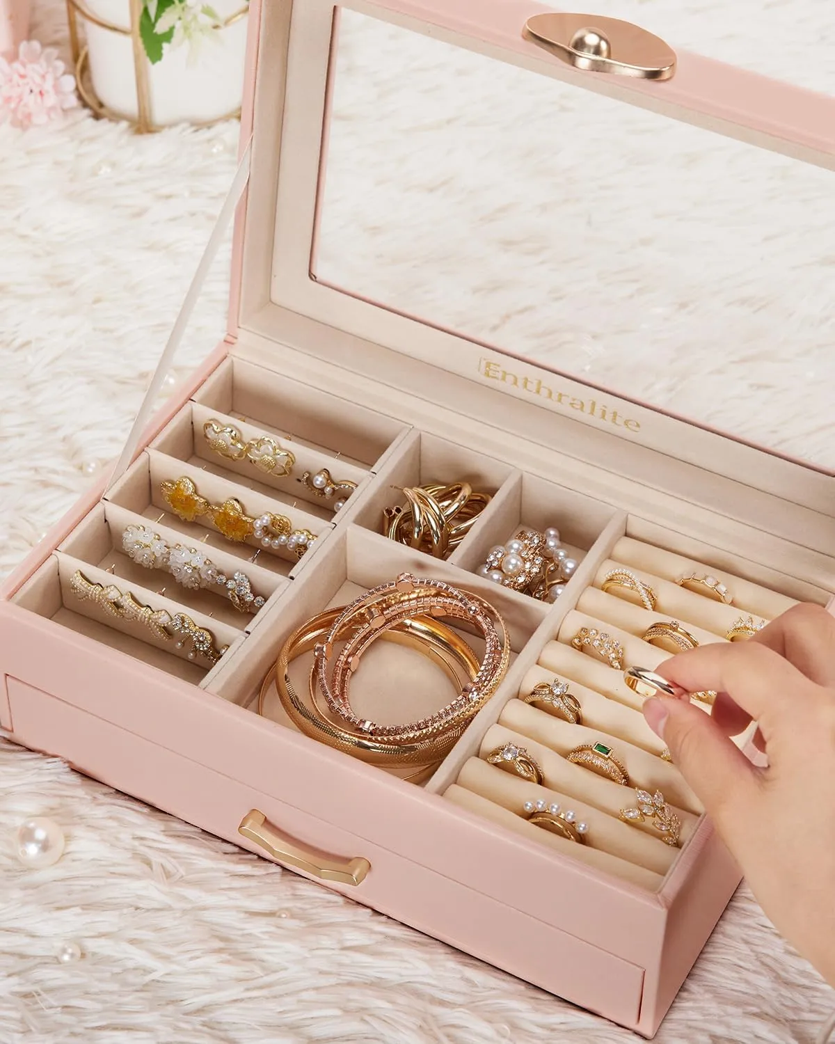 Jewelry Box with 1 Drawers: Display Organizer for Earrings Necklaces - Gift for Girls Women (Peach Pink)