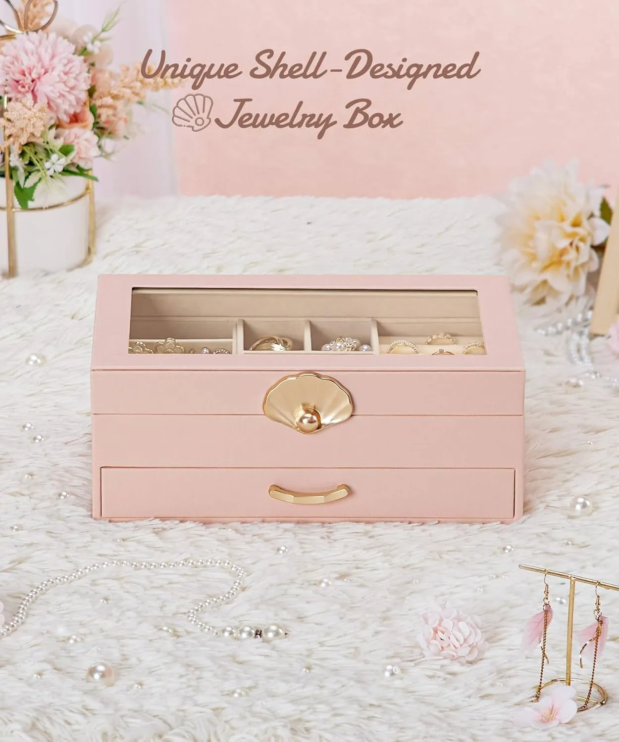 Jewelry Box with 1 Drawers: Display Organizer for Earrings Necklaces - Gift for Girls Women (Peach Pink)