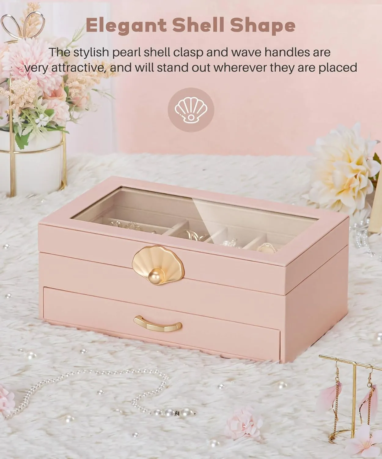 Jewelry Box with 1 Drawers: Display Organizer for Earrings Necklaces - Gift for Girls Women (Peach Pink)
