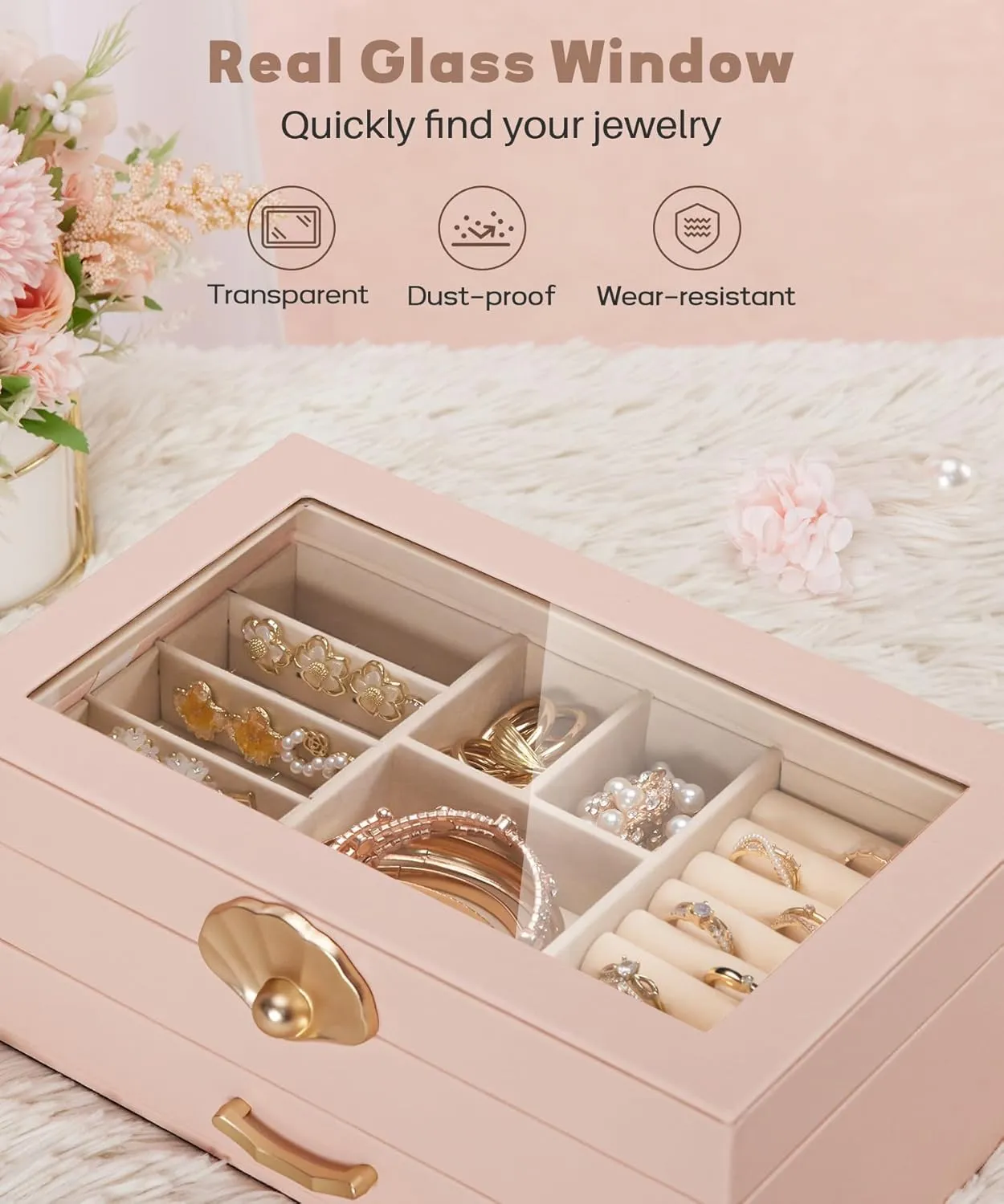Jewelry Box with 1 Drawers: Display Organizer for Earrings Necklaces - Gift for Girls Women (Peach Pink)