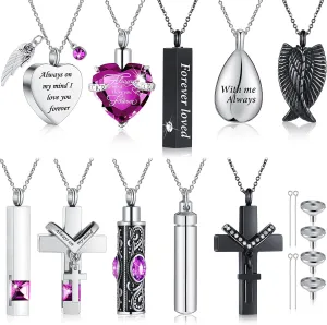 Jexine 10 Pcs Urn Necklace For Ashes Cremation Jewelry Wings Tear Drop Cross Crystal Ashes Necklace Stainless Steel Zircon Memorial Locket Vertical Bar Heart Waterproof Keepsake For Men