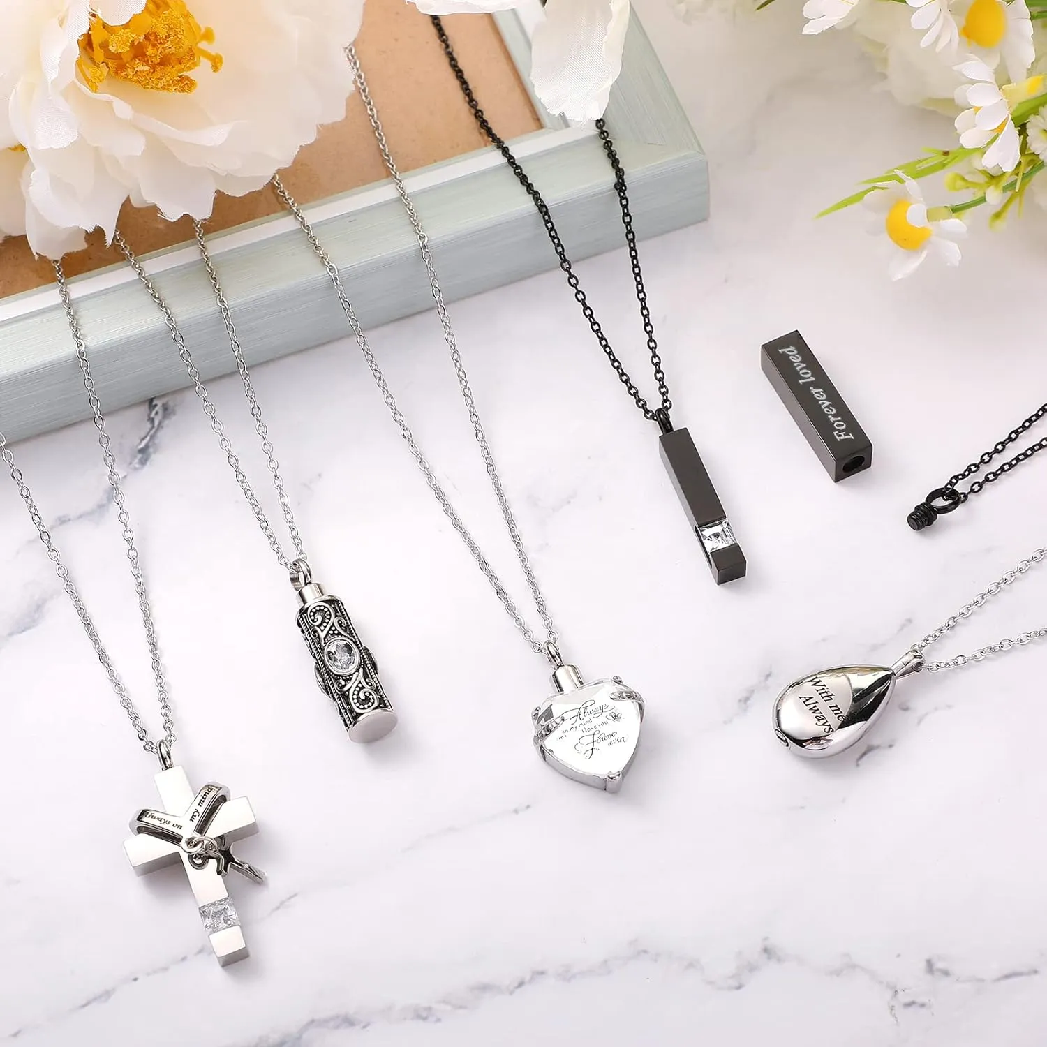Jexine 10 Pcs Urn Necklace For Ashes Cremation Jewelry Wings Tear Drop Cross Crystal Ashes Necklace Stainless Steel Zircon Memorial Locket Vertical Bar Heart Waterproof Keepsake For Men