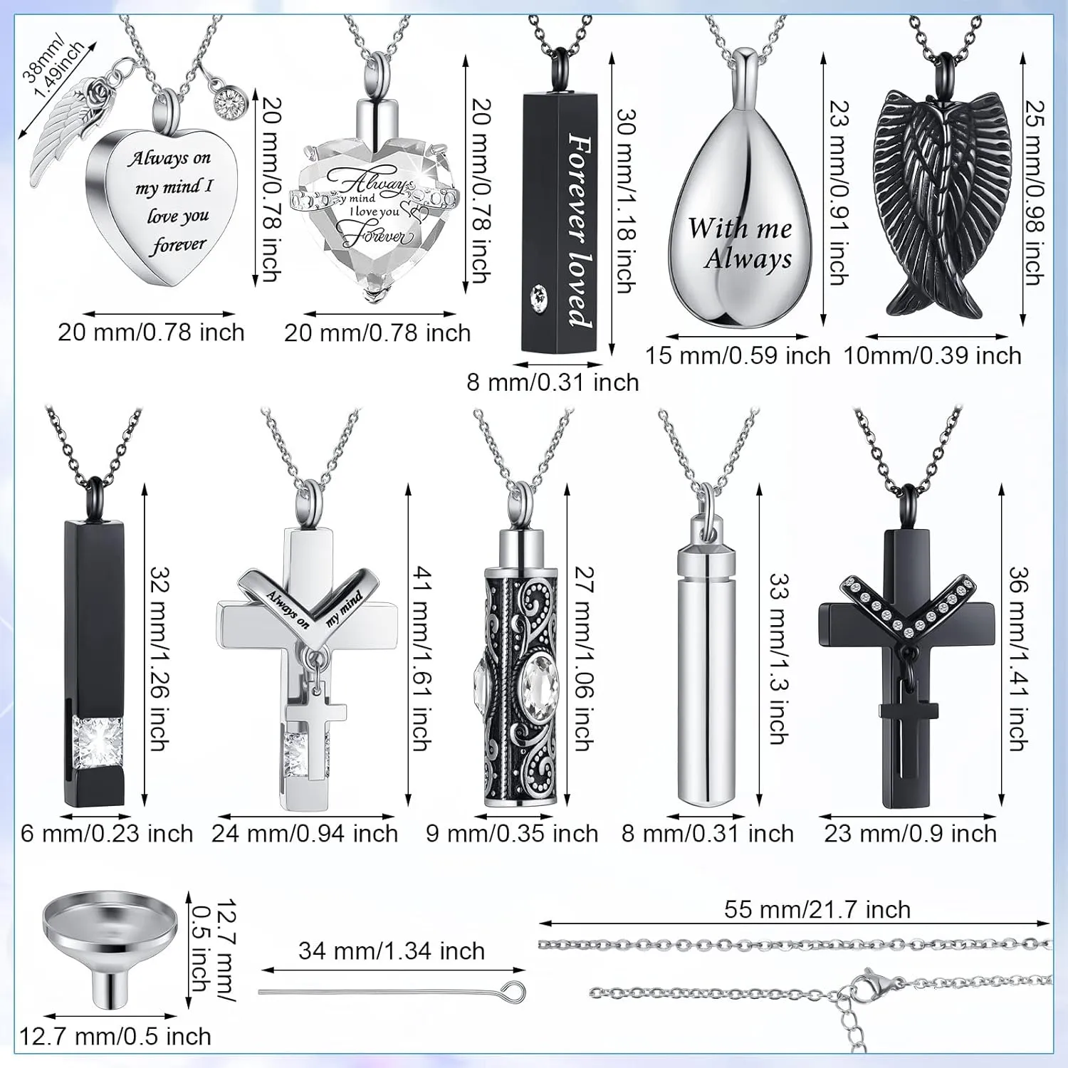 Jexine 10 Pcs Urn Necklace For Ashes Cremation Jewelry Wings Tear Drop Cross Crystal Ashes Necklace Stainless Steel Zircon Memorial Locket Vertical Bar Heart Waterproof Keepsake For Men