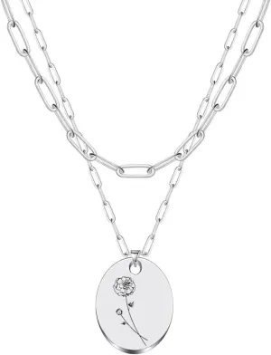 JJTZX Dainty Layered Birth Flower Necklace Oval Birth Month Flower Pendant Paperclip Chain Toggle Clasp Choker Necklaces