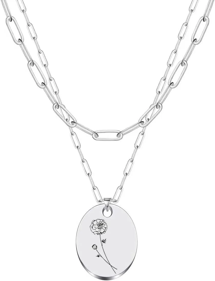 JJTZX Dainty Layered Birth Flower Necklace Oval Birth Month Flower Pendant Paperclip Chain Toggle Clasp Choker Necklaces