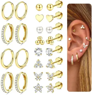 Jstyle Hypoallergenic Gold Stud Hoop Earrings for Women Men Surgical Stainless Steel Flat Back Earrings Small 14K Gold Huggie Hoops Cartilage Earring Set for Multiple Piercing Jewelry Gifts for Women