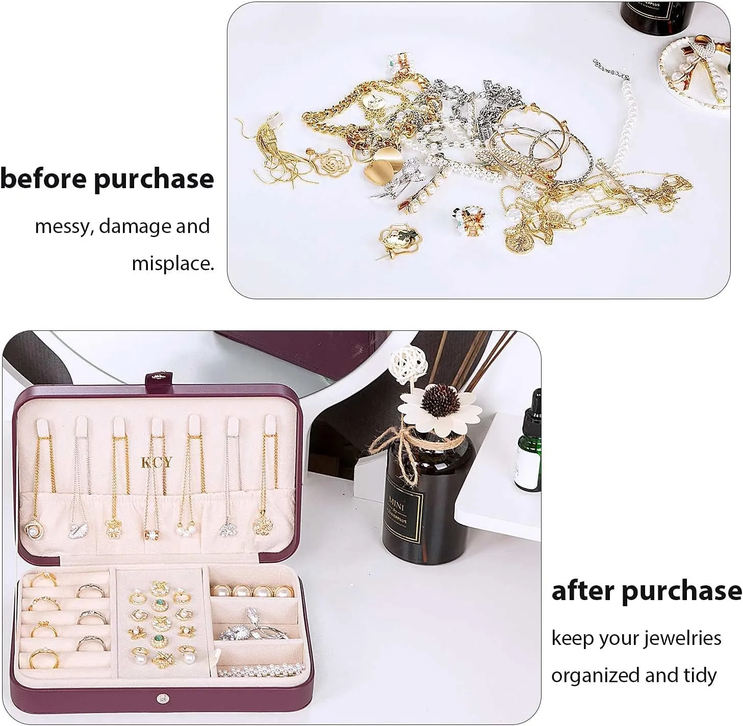 KCY Travel Jewelry Organizer Box for Women Girls, Small Travel Jewelry Case, PU Leather Portable Jewellery Storage Boxes Display Holder for Ring Earrings Necklace Bracelet Bangle, Gifts, Purple