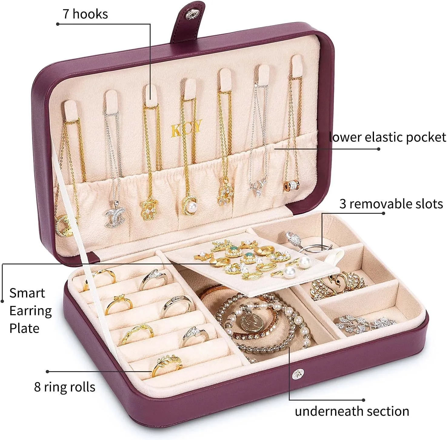 KCY Travel Jewelry Organizer Box for Women Girls, Small Travel Jewelry Case, PU Leather Portable Jewellery Storage Boxes Display Holder for Ring Earrings Necklace Bracelet Bangle, Gifts, Purple