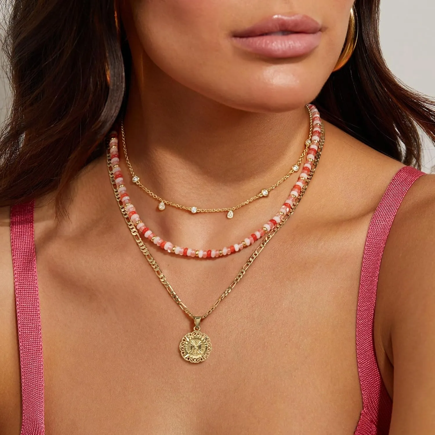KissYan Boho Beaded Choker Necklace for Women, Gemstone Choker Natural Stone Freshwater Pearl Surfer Necklaces 14K Gold Plated Summer Beach Handmade Jewelry