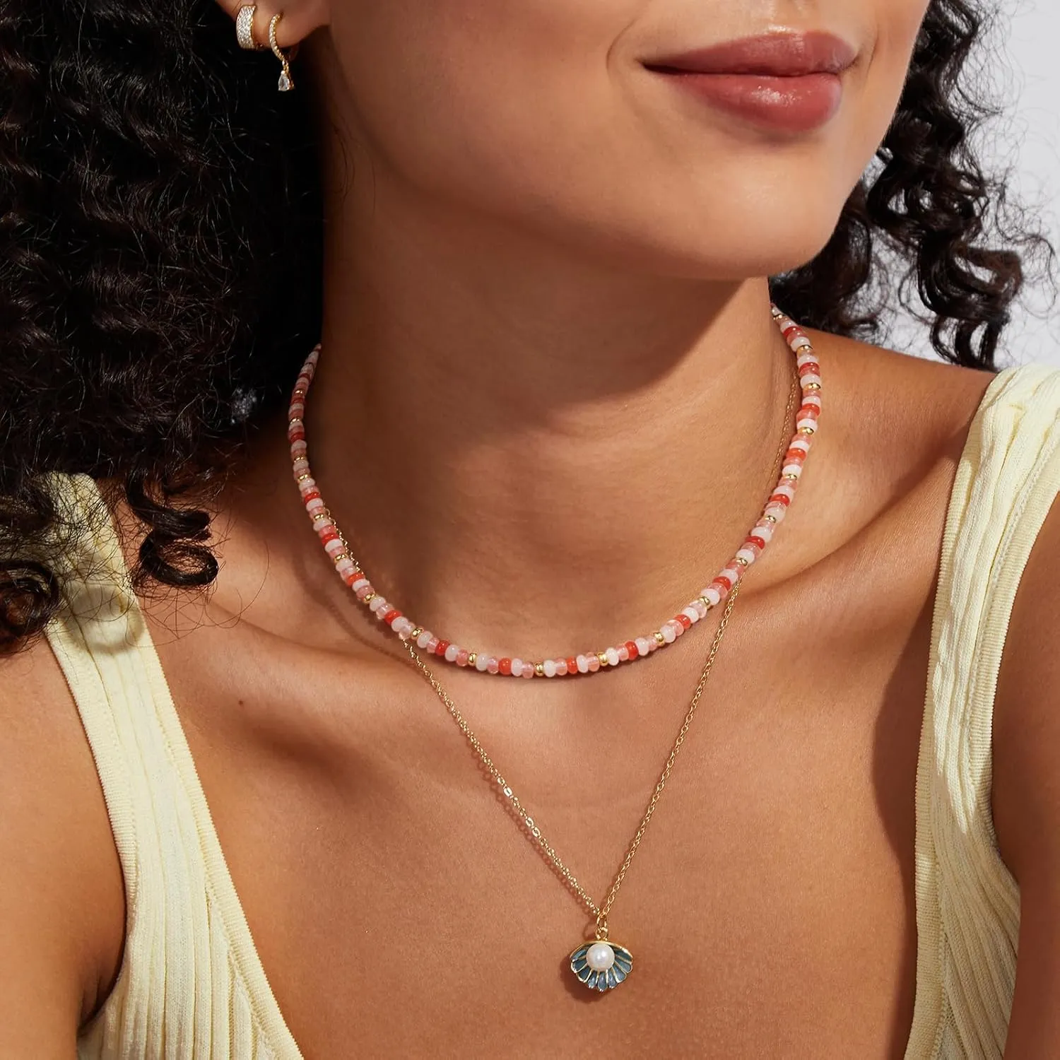 KissYan Boho Beaded Choker Necklace for Women, Gemstone Choker Natural Stone Freshwater Pearl Surfer Necklaces 14K Gold Plated Summer Beach Handmade Jewelry