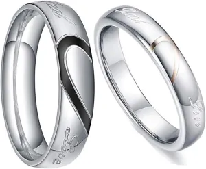 KnSam 4MM Couple Rings Stainless Steel Puzzle Heart Love Ring Black Rose Gold Women Size 7 & Men Size 12
