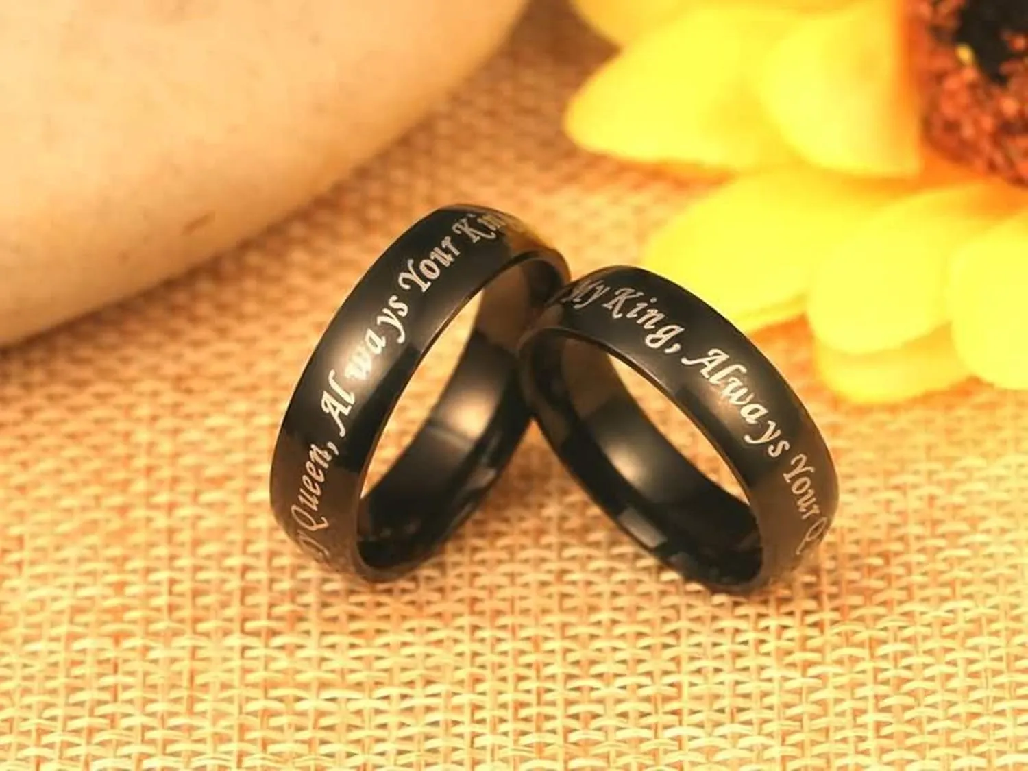 KnSam Couples Rings for Women Stainless Steel Black Ring Engraved Forever My King/Queen Black Ring Size 5-13