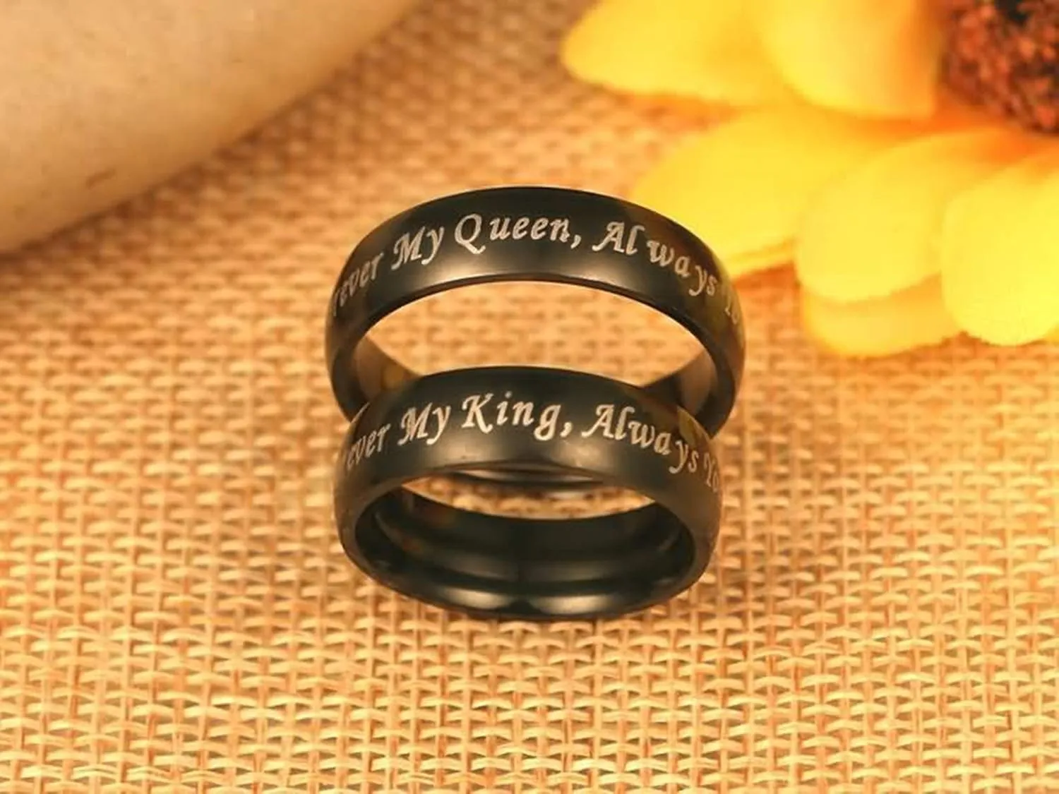 KnSam Couples Rings for Women Stainless Steel Black Ring Engraved Forever My King/Queen Black Ring Size 5-13