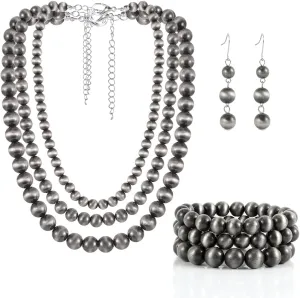 KOSMOS-LI Western Style Multi Layer Necklaces Bracelet Earrings Faux Navajo Cowgirl Beaded Women Jewelry Sets