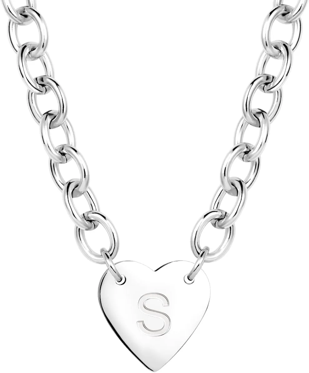 KunBead Letter Initials Heart Tag Pendant Necklace Chunky Cuban Link Chain Choker Punk Alphabet Stainless Steel Necklace for Women 16'' 18''