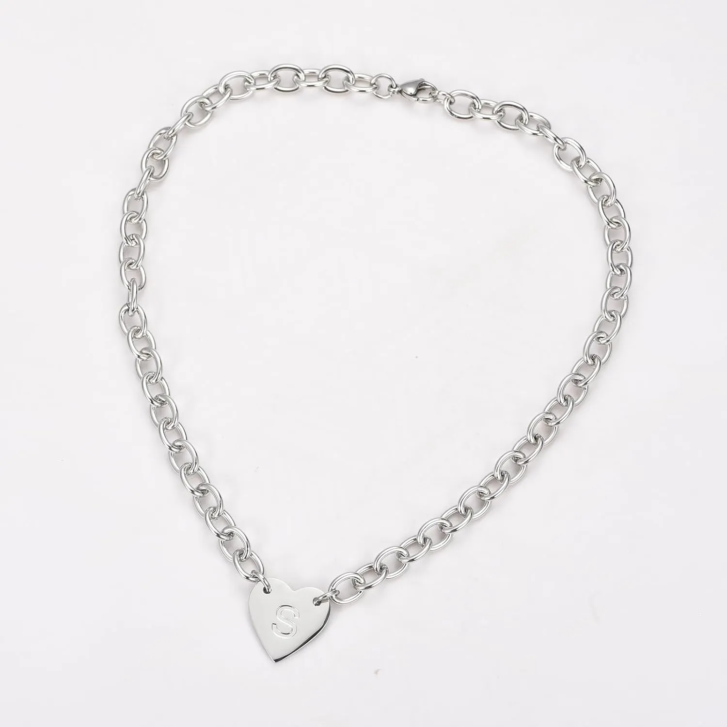 KunBead Letter Initials Heart Tag Pendant Necklace Chunky Cuban Link Chain Choker Punk Alphabet Stainless Steel Necklace for Women 16'' 18''