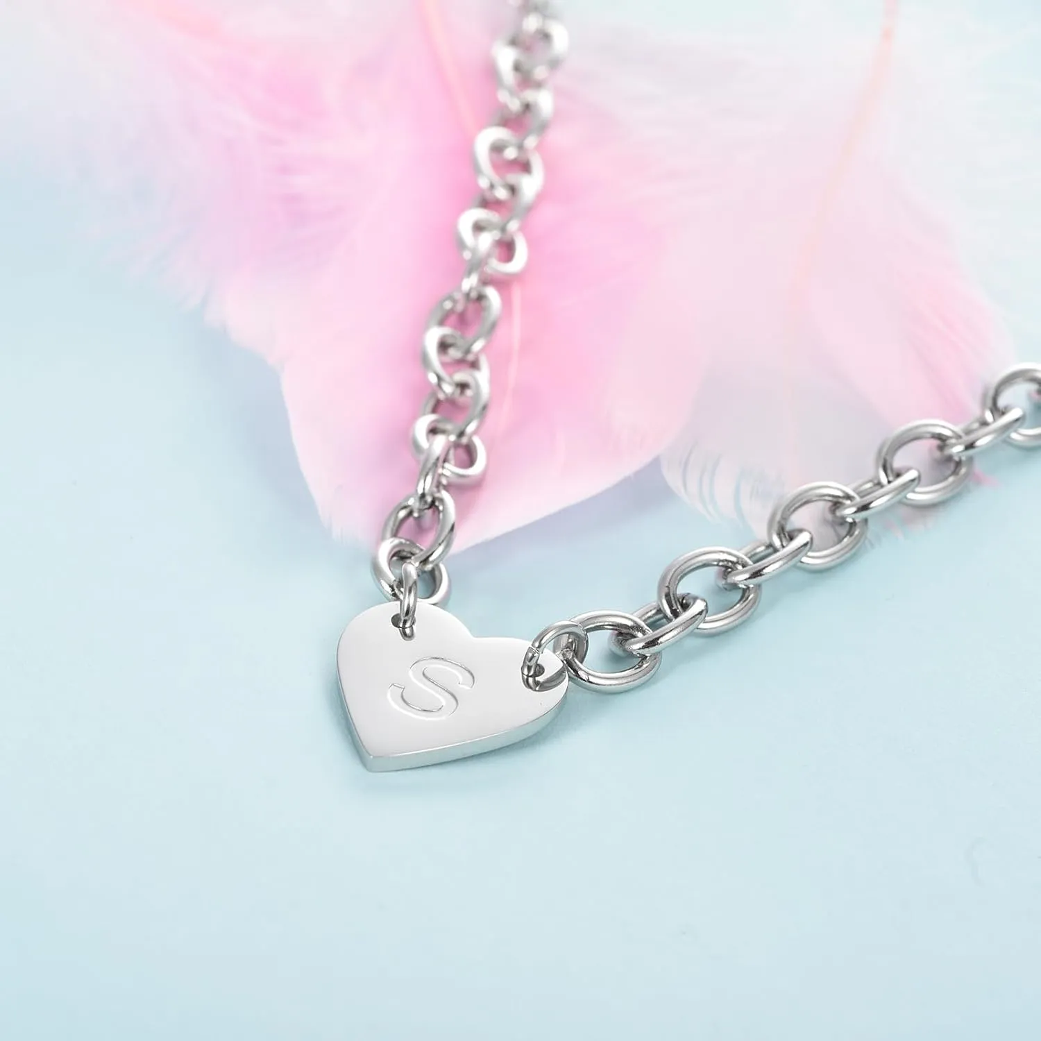 KunBead Letter Initials Heart Tag Pendant Necklace Chunky Cuban Link Chain Choker Punk Alphabet Stainless Steel Necklace for Women 16'' 18''