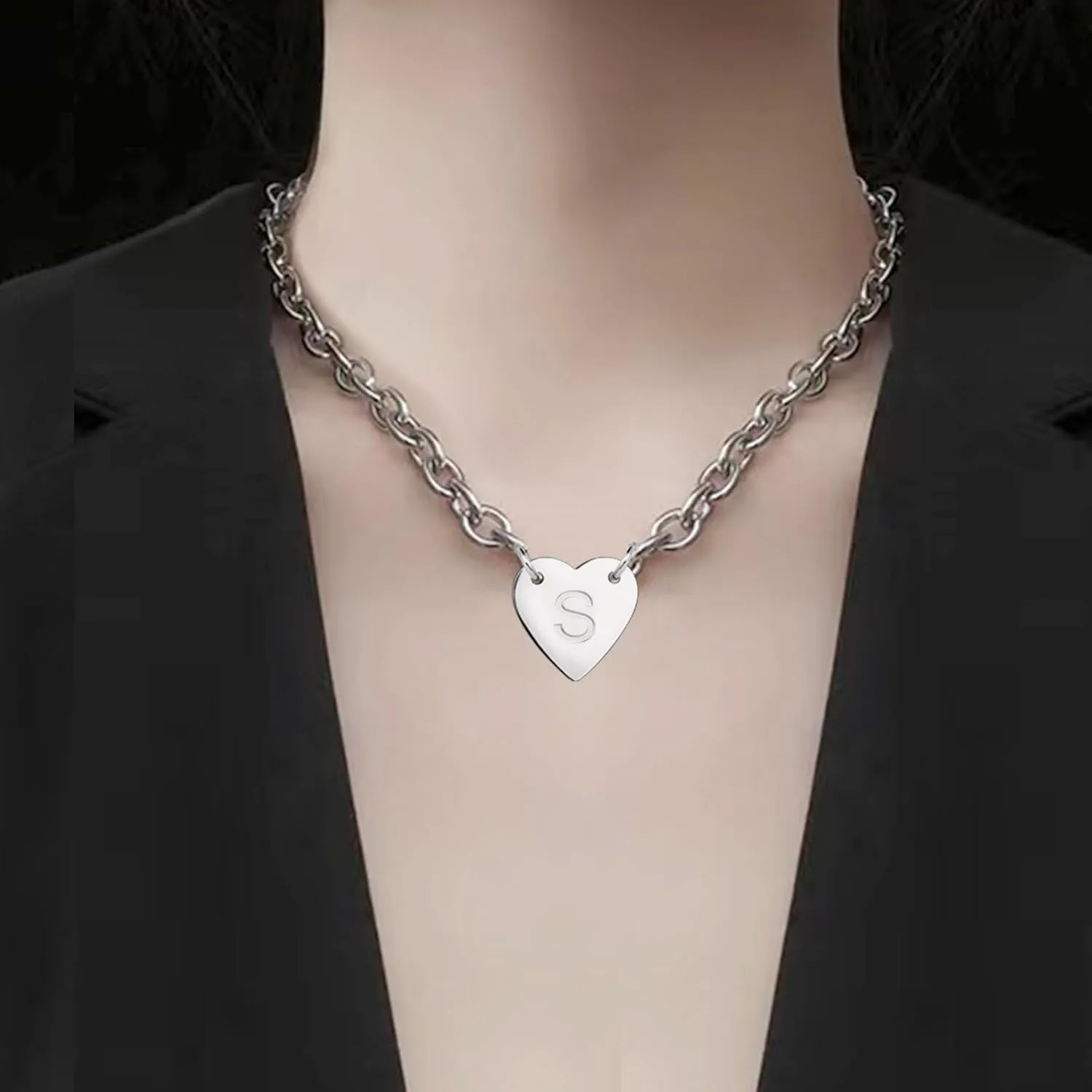KunBead Letter Initials Heart Tag Pendant Necklace Chunky Cuban Link Chain Choker Punk Alphabet Stainless Steel Necklace for Women 16'' 18''