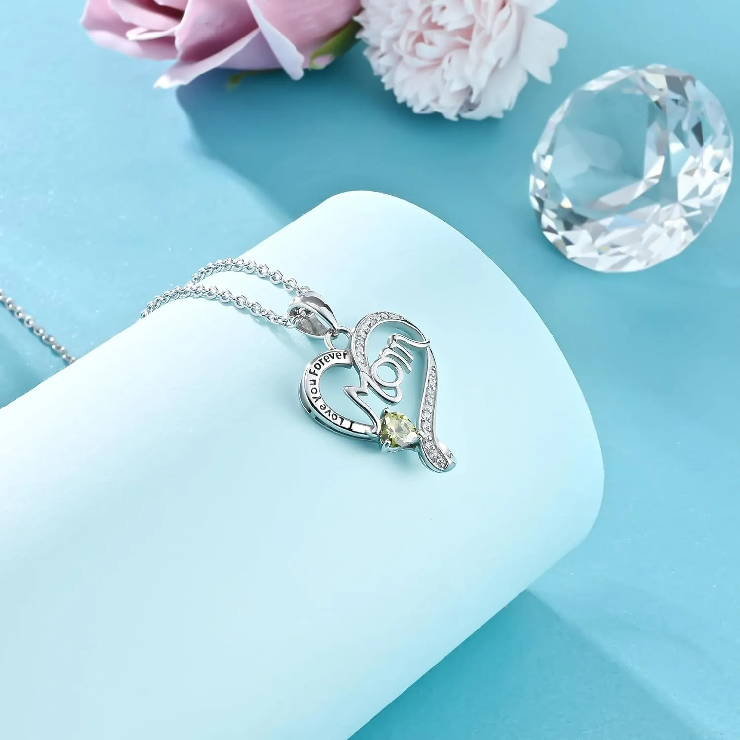 LAOYOU Mom Necklace with Birthstone from Daughter Son Mother Necklaces Jewelry Birthday Gifts for Mom