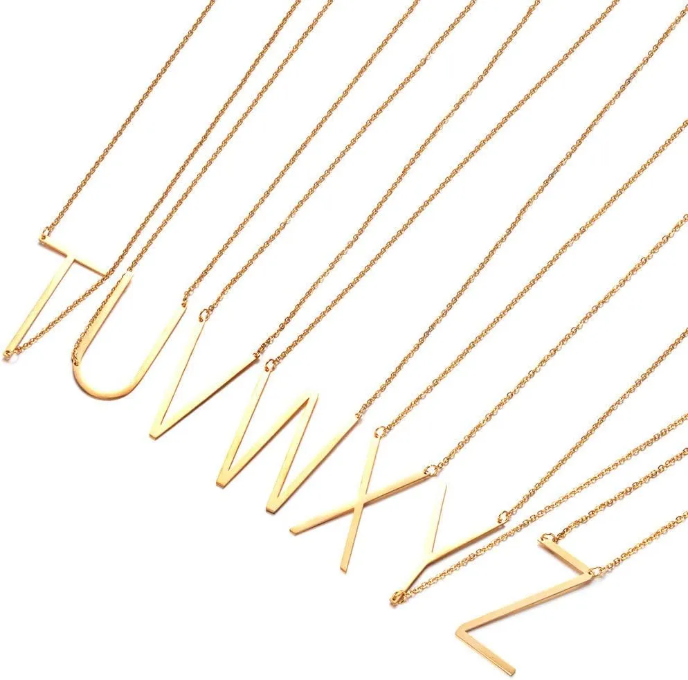 Large Sideways Initial Necklace for Women Big Capital Letter Necklaces Minimalist Stainless Steel 18K Gold Monogram Letter Necklace, Gift Ideas (26 Alphabet)