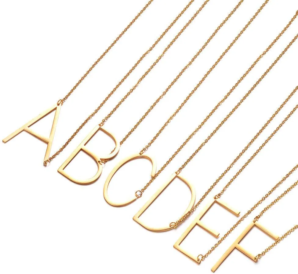 Large Sideways Initial Necklace for Women Big Capital Letter Necklaces Minimalist Stainless Steel 18K Gold Monogram Letter Necklace, Gift Ideas (26 Alphabet)